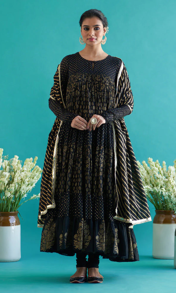 Screen Printed Tiered Anarkali with Chooridar and Dupatta (Black Color)