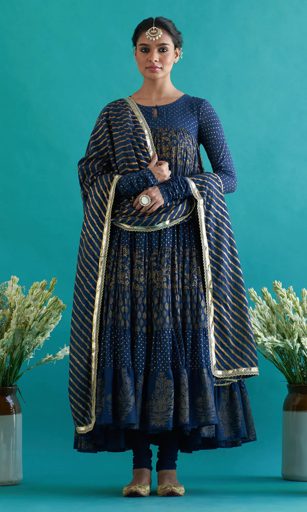 Screen Printed Tiered Anarkali with Chooridar and Dupatta (Blue Color)