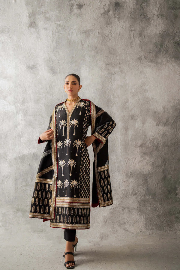 KAFTAN NECK SCREEN PRINTED COTTON KAMIZ SET (BLACK)