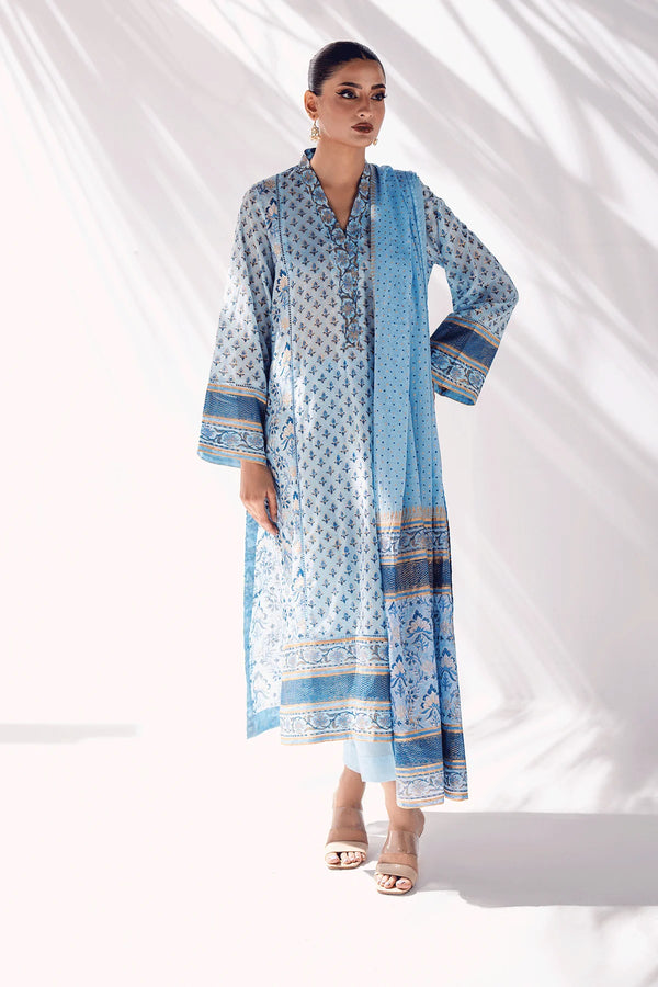 KAFTAN NECK GARMENTS PRINTED COTTON KAMIZ SET (SKY BLUE)