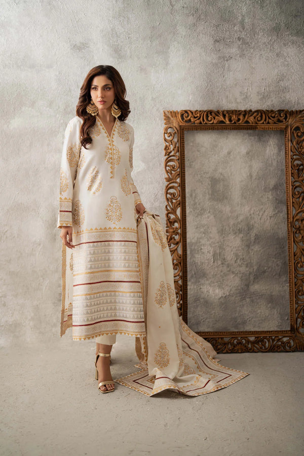 KAFTAN NECK PRINTED COTTON KAMIZ 3 PIECE (OFF WHITE COLOUR)