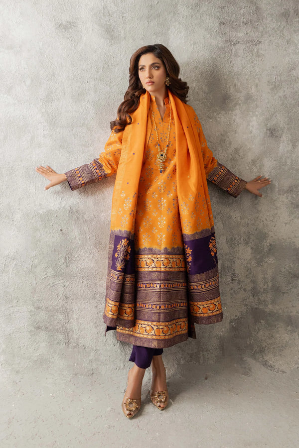 KAFTAN NECK PRINTED COTTON KAMIZ 3 PIECE (ORANGE COLOUR)