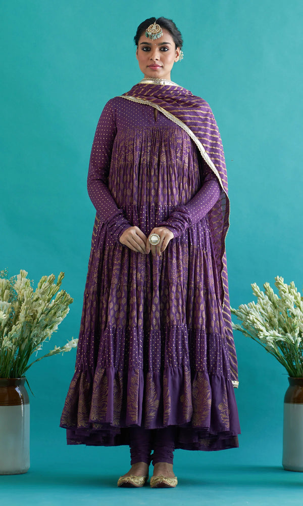 Screen Printed Tiered Anarkali with Chooridar and Dupatta (Wine Color)