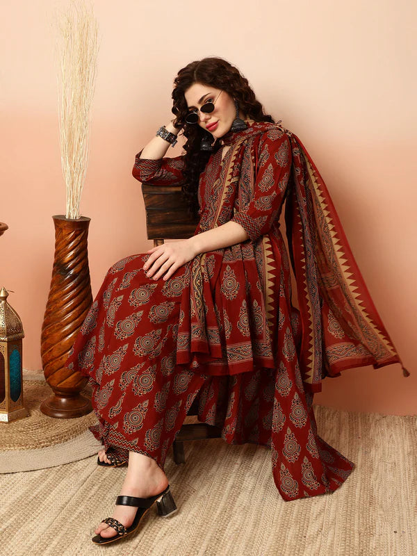 Maroon Cotton Screen Printed Kurti (3 Piece)