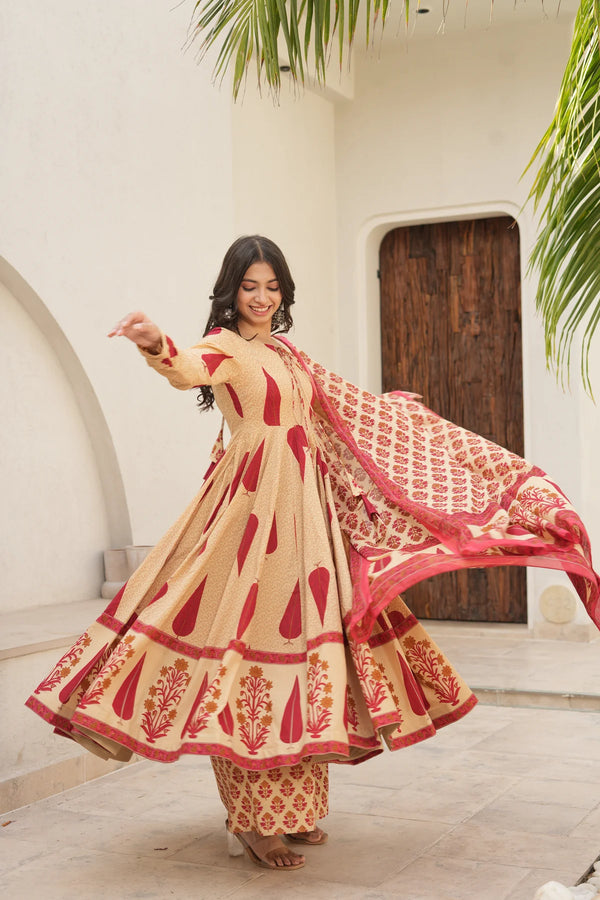 Startex Screen Printed Cotton Suit Set (Red)