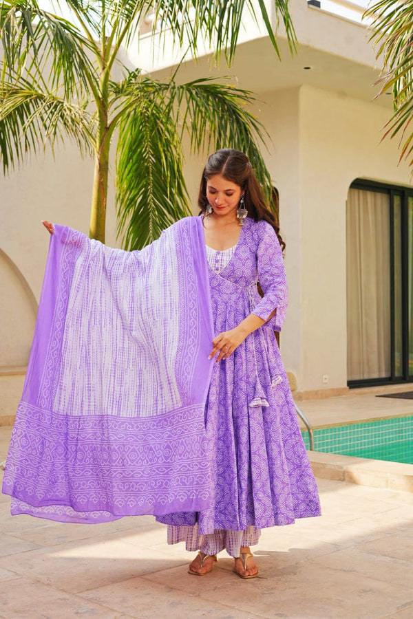STARTEX SCREEN PRINTED PURPLE COTTON SUIT SET
