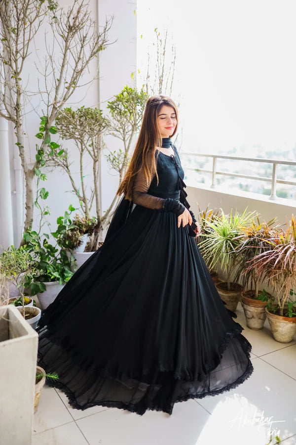 SOLID DOUBLE LAYER ANARKALI WITH DUPATTA BLACK COLOUR